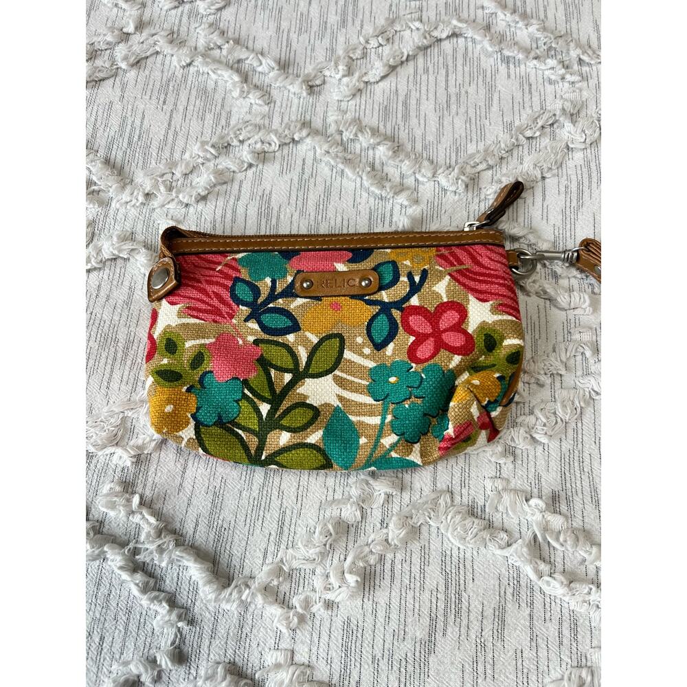 Relic Floral Canvas Clutch Wristlet Purse with Brown Leather Details Colorful